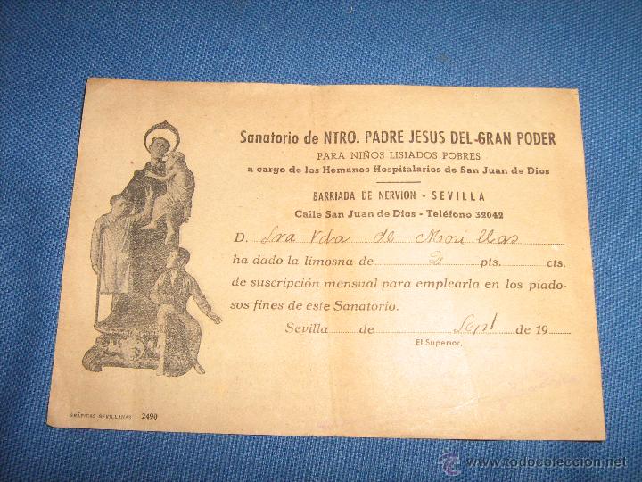 Coleccionismo: SEVILLA A&Ntilde;OS 40 - RECIBO SANATORIO NTRO PADRE JESUS DEL GRAN PODER S. J. DE DIOS - 2 PTAS