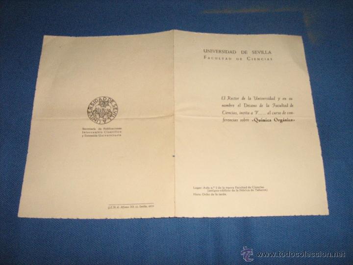Coleccionismo: UNIVERSIDAD DE SEVILLA - 1958//59 - INVITACION CURSO QUIMICA ORGANICA