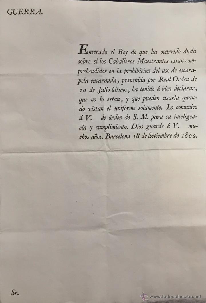 Coleccionismo: SECRETARIA DE GUERRA. PROHIBICION DEL USO DE ESCARAPELA ROJA Y SABLE. 1802