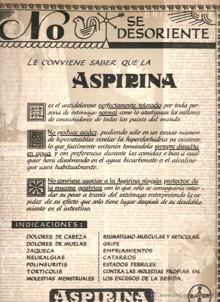 Colecionismo: A&Ntilde;O 1951 RECORTE PRENSA PUBLICIDAD ASPIRINA BAYER PRODUCTOS FARMACEUTICOS CALMANTE