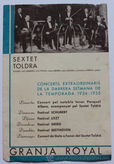 Coleccionismo: PROGRAMA GRANJA ROYAL 1934, CONCERTS ALBERO, SEXTET TOLDRA,FESTIVAL SCHUBERT, BEETHOVEN, EPHEMERA