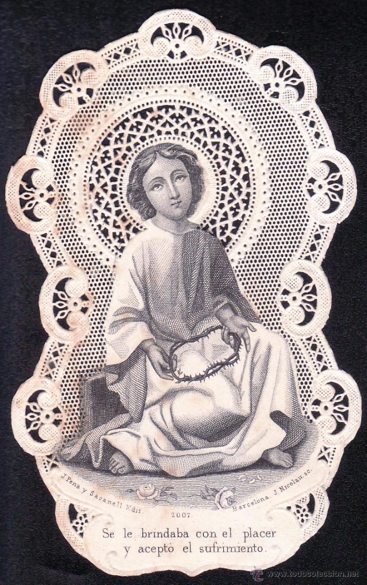 Coleccionismo: ANTIGUA ESTAMPA TROQUELADA CON PUNTILLAS DEL NI&Ntilde;O JESUS CON CORONA DE ESPINAS - SIGLO XIX - 10X6 CM
