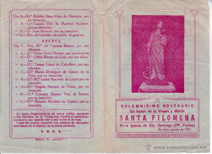 Coleccionismo: BADAJOZ AGOSTO 1957 - NOVENARIO SANTA FILOMENA VIRGEN Y MARTIR - IGLESIA SANTO DOMINGO