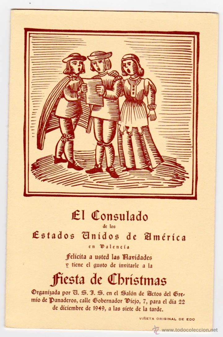 Coleccionismo: FIESTA DE CHRISTMAS. CONSULADO DE ESTADOS UNIDOS EN VALENCIA. EDO. INVITACI&Oacute;N. 1949