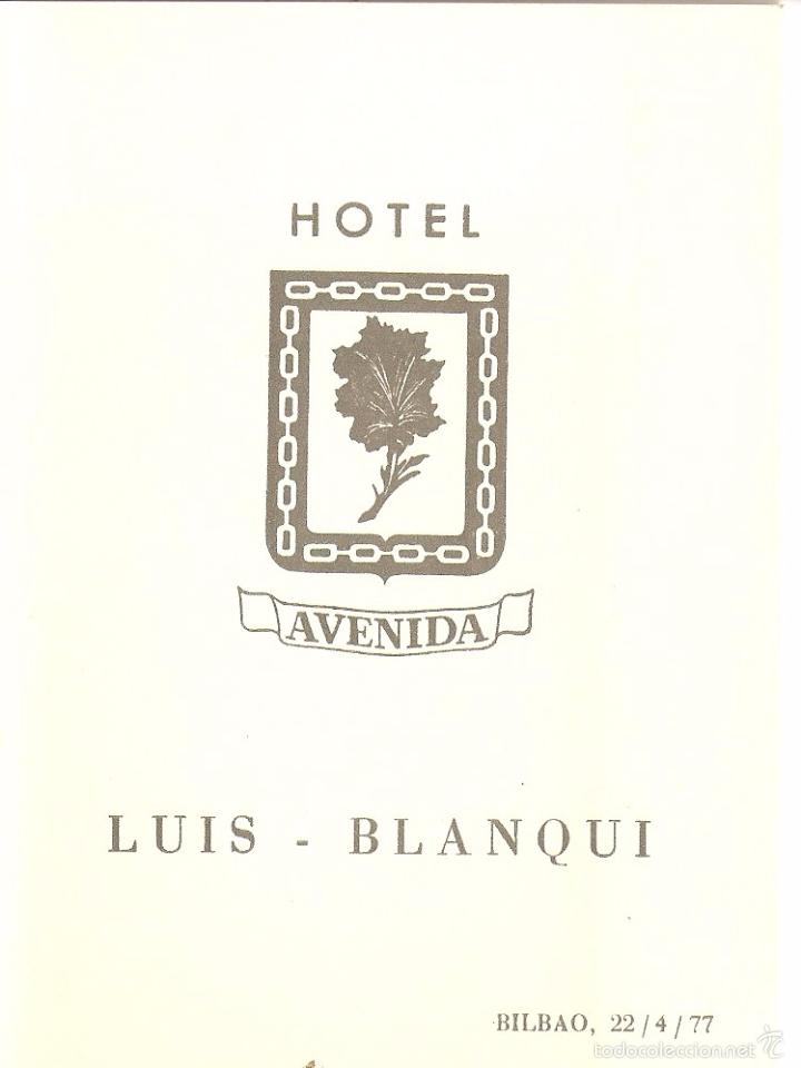 Coleccionismo: MEN&Uacute;-CARTA, HOTEL AVENIDA, BILBAO, 1977