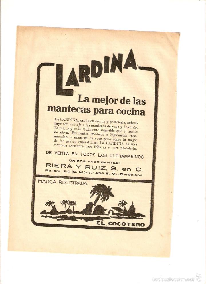 Collezionismo: A&Ntilde;O 1923 RECORTE PRENSA PUBLICIDAD LA LARDINA MANTECA PARA COCINA RIERA Y RUIZ EL COCOTERO
