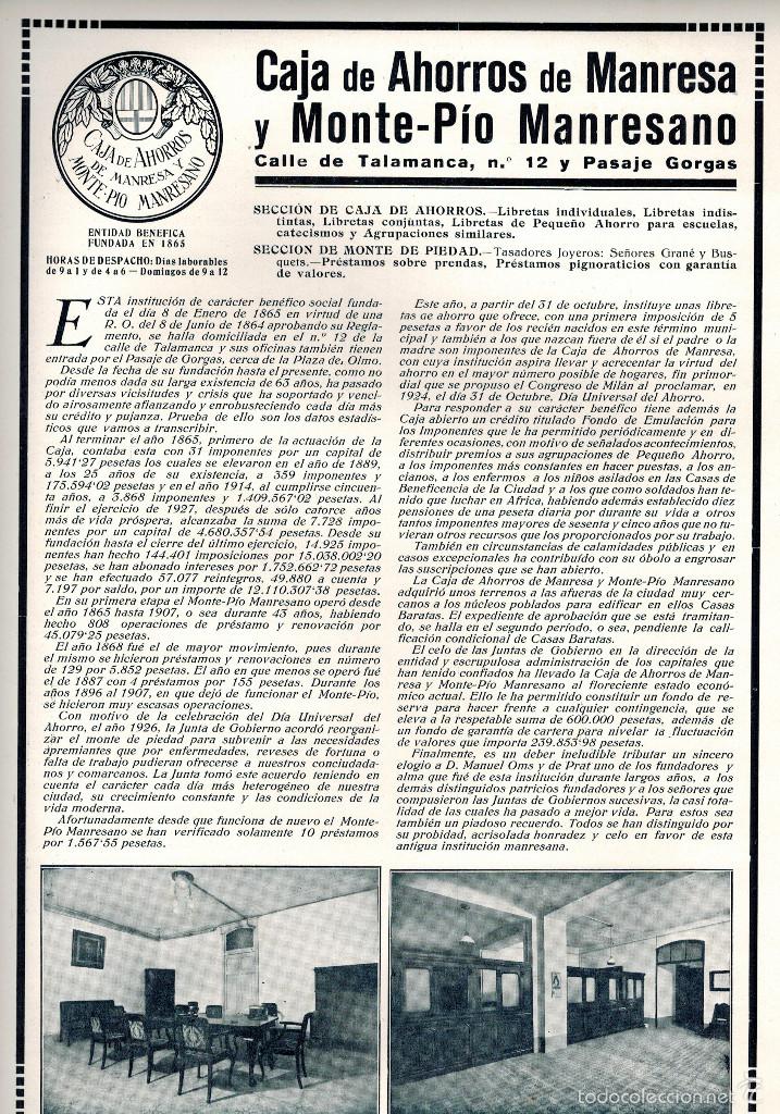 Collezionismo: A&Ntilde;O 1929 RECORTE PRENSA CAJA DE AHORROS DE MANRESA MONTE-PIO MANRESANO MONTEPIO