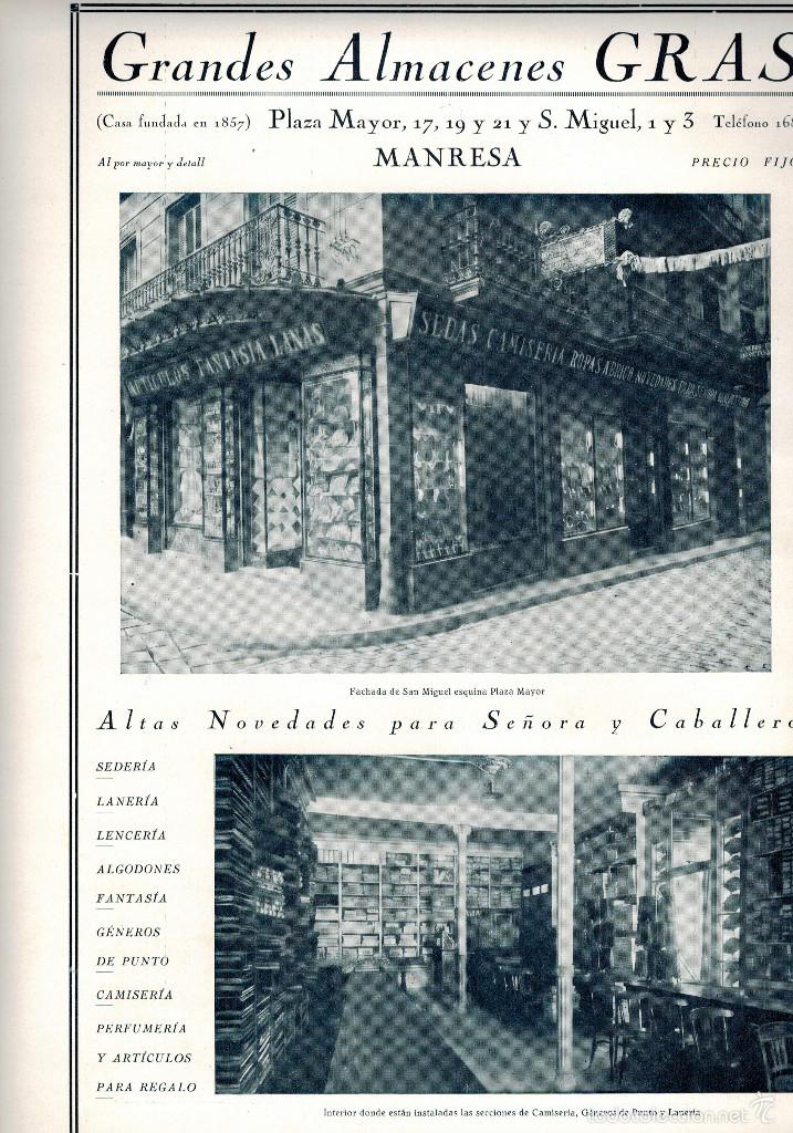 Coleccionismo: A&Ntilde;O 1929 RECORTE PRENSA MANRESA GRANDES ALMACENES GRAS SEDAS CAMISERIA ROPA