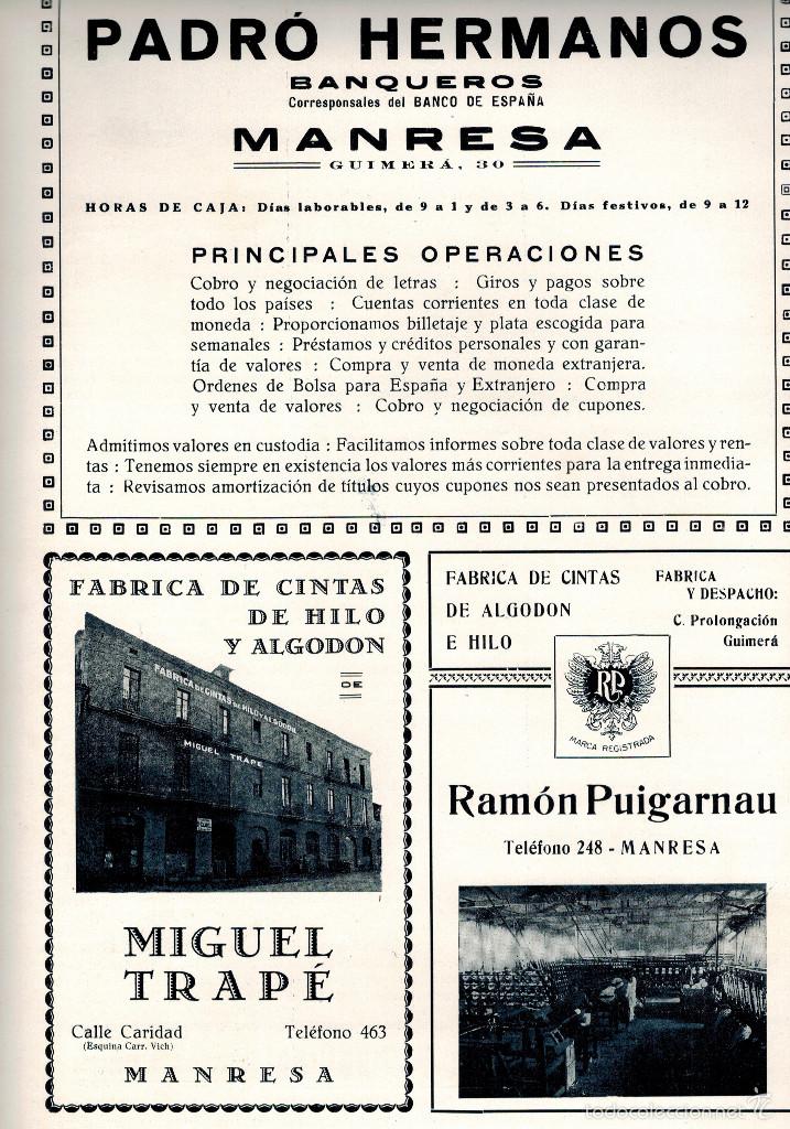 Collezionismo: A&Ntilde;O 1929 MANRESA PUBLICIDAD PADRO HERMANOS BANCA FABRICA CINTAS MIGUEL TRAPE RAMON PUIGARNAU