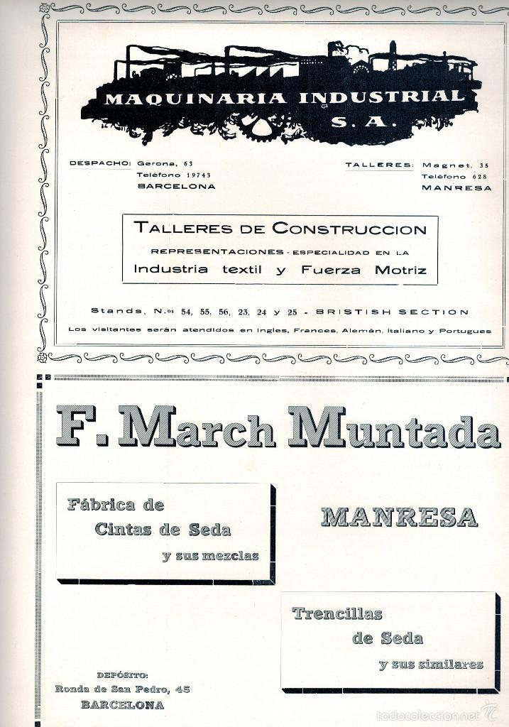 Coleccionismo: A&Ntilde;O 1929 MANRESA MAQUINARIA INDUSTRIAL S.A. TALLERES FABRICA CINTAS DE SEDA MARCH MUNTADA