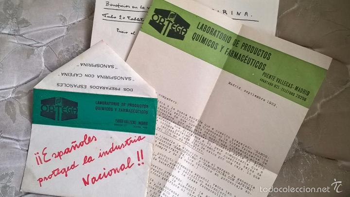 Coleccionismo: Publicidad de sanospirina. 1932. Sobre + 2 folios. Proteged industria nacional. Laboratorios Ortega