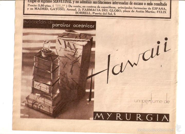 Coleccionismo: A&Ntilde;OS 30 RECORTE PRENSA PUBLICIDAD PERFUME HAWAII MYRURGIA SERVENTINAL GUMMA