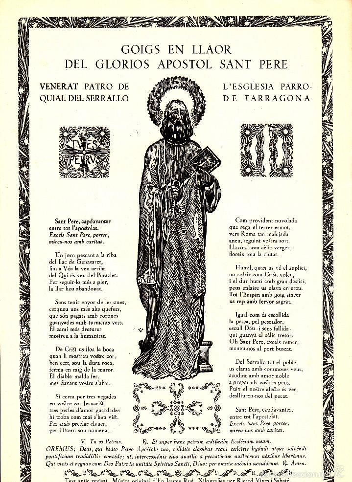 Coleccionismo: GOIGS EN LLAOR DEL APOSTO SANT PERE - PATR&Ograve; DEL SERRALLO A TARRAGONA --1956--- R. VIVES NUM. 117