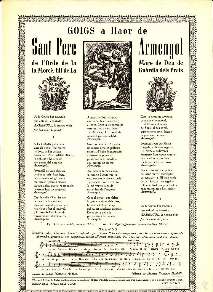 Coleccionismo: GOIGS DE SANT PERE ARMENGOL - LA GUARDIA DELS PRATS ----1952----