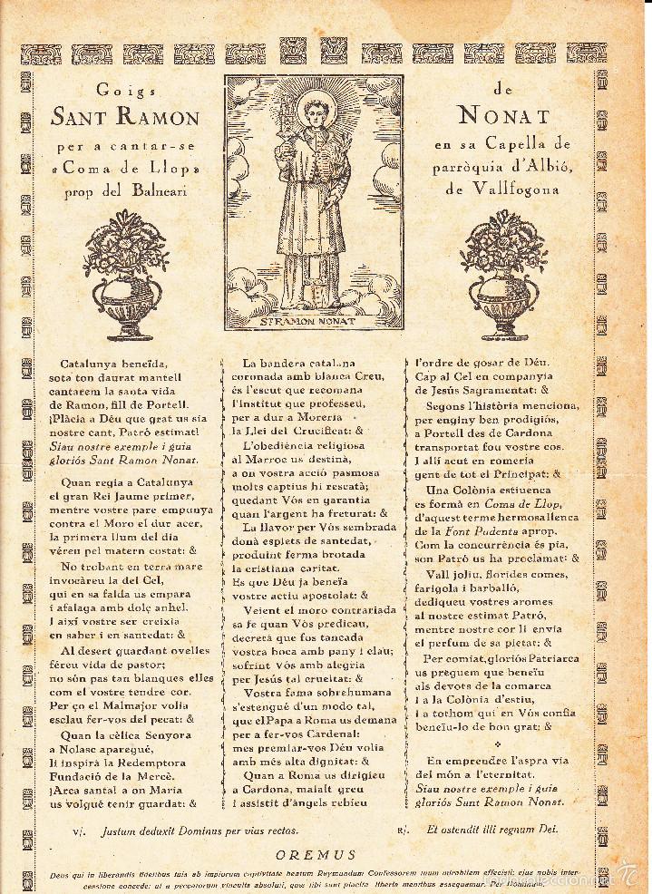 Collecting paper: GOIGS DE SANT RAM&Oacute;N NONAT - CAPELLA DE COMA DE LLOP PARR&Ograve;QUIA D'ALBI&Oacute; -BALNEARI VALLFOGONA --1936--