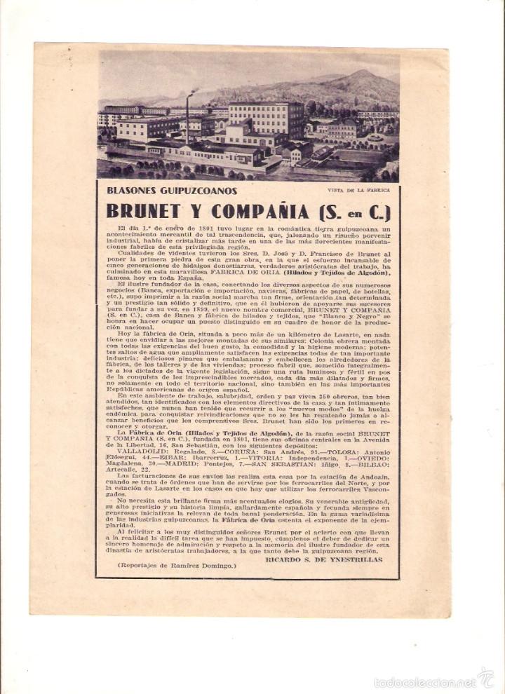 Sammelleidenschaft Papier: A&Ntilde;O 1934 RECORTE PRENSA BLASONES GUIPUZCOANOS BRUNET Y COMPA&Ntilde;IA FABRICA DE ORIA HILADOS Y TEJIDOS