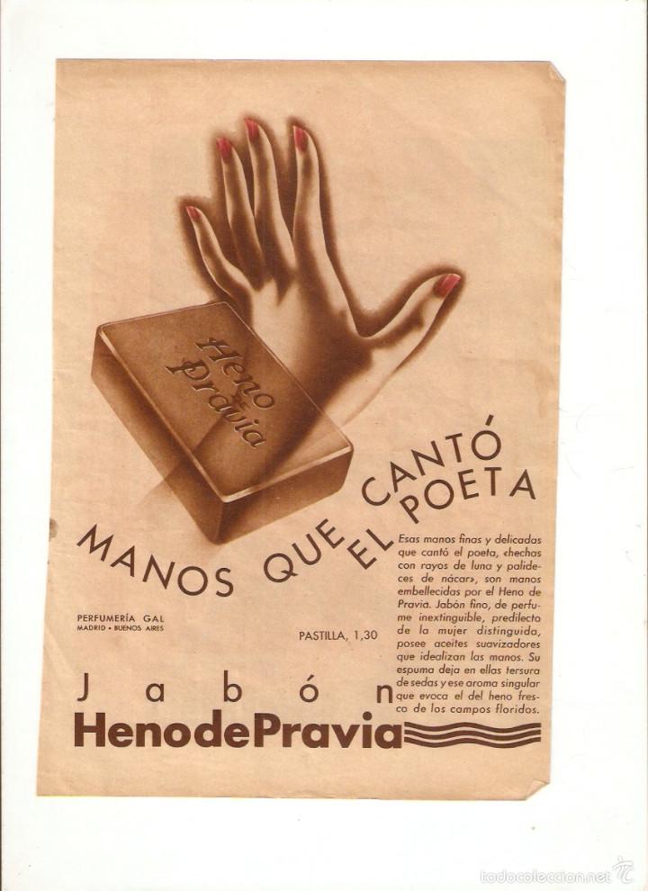 Sammelleidenschaft Papier: A&Ntilde;O 1934 RECORTE PRENSA PUBLICIDAD PASTILLA DE JABON HENO DE PRAVIA PERFUMERIA GAL MADRID