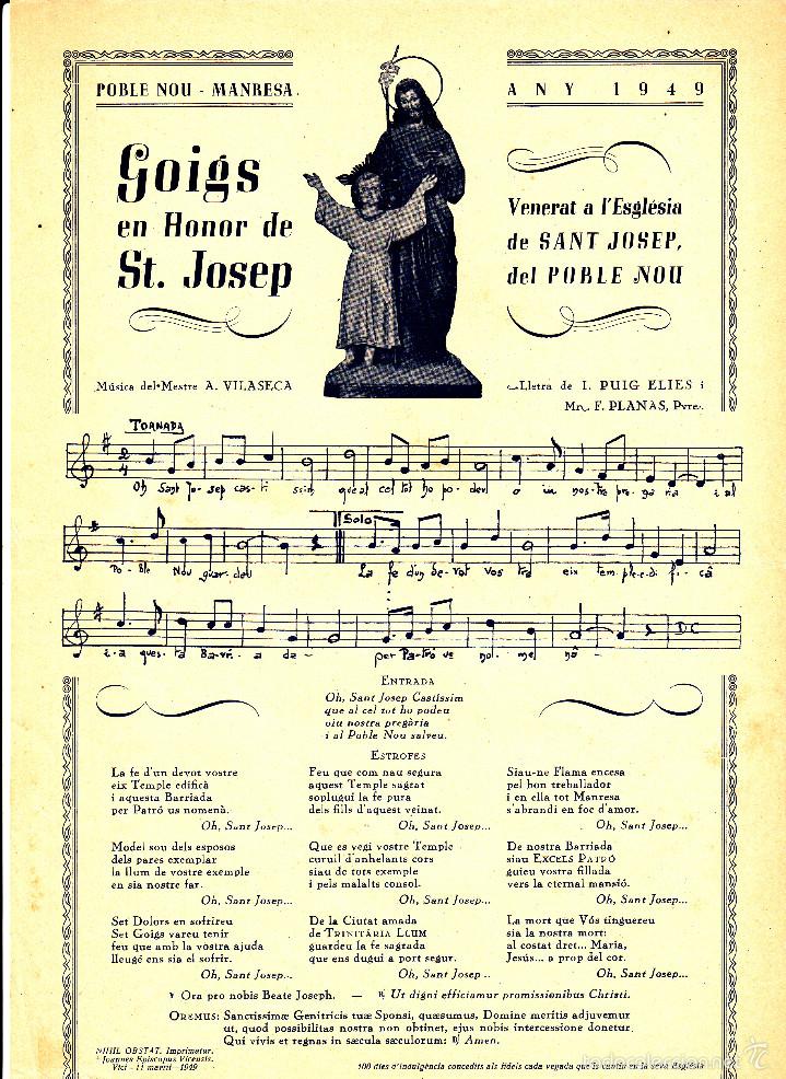 Collecting paper: GOIGS EN HONOR SANT JOSEP - SANT JOSEP DEL POBLENOU - BARCELONA- ---1949---GRAF. NADEU- MANRESA