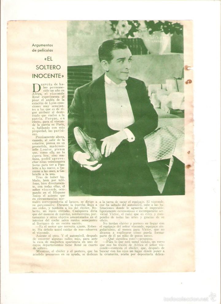 Collezionismo: A&Ntilde;O 1932 RECORTE PRENSA CINE ARGUMENTO PELICULA EL SOLTERO INOCENTE MAURICE CHEVALIER