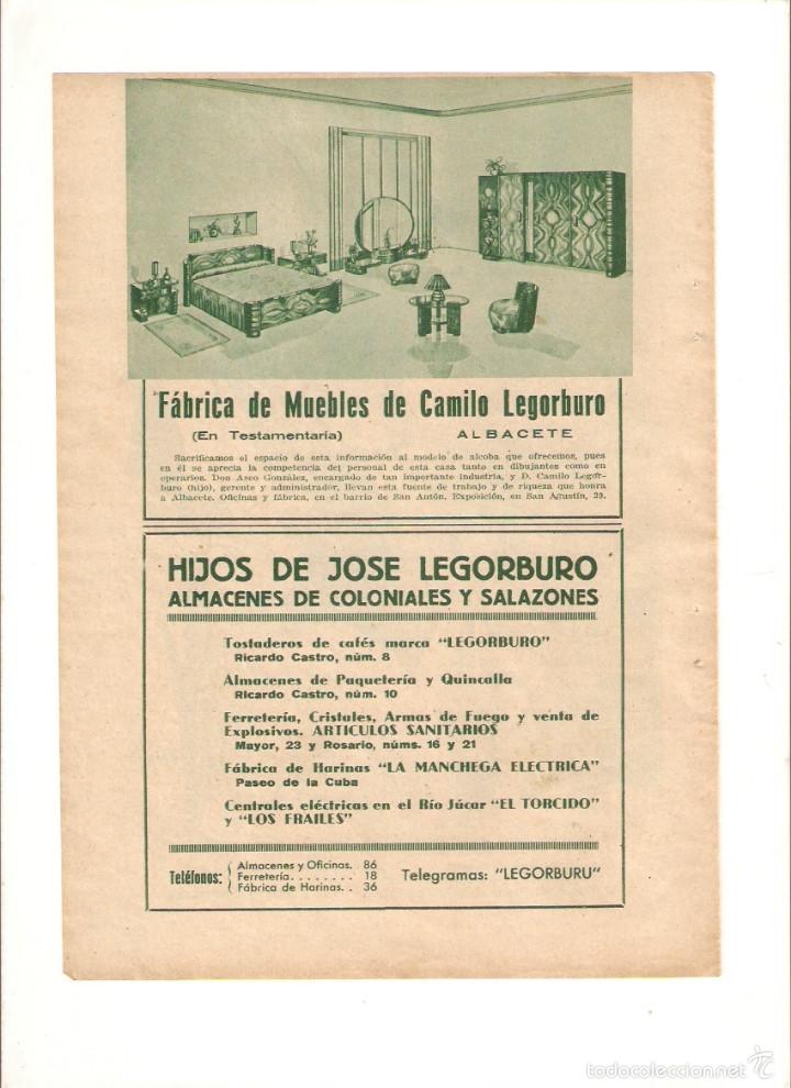 Collecting paper: A&Ntilde;O 1935 PUBLICIDAD ALBACETE FABRICA MUEBLES CAMILO LEGORBURO ALMACENES COLONIALES Y SALAZONES