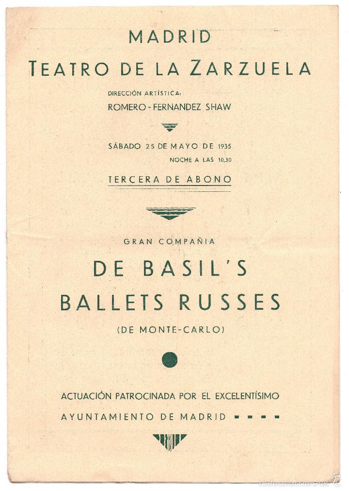 Coleccionismo: ANTIGUO PROGRAMA DE TEATRO DE LA ZARZUELA - DE BASIL&acute;S BALLETS RUSSES - 1935 - Foto 1