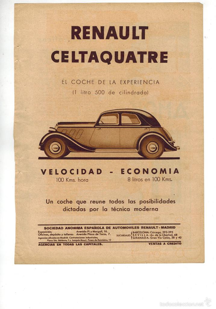 Coleccionismo: A&Ntilde;O 1934 RECORTE PRENSA PUBLICIDAD RENAULT CELTAQUATRE COCHE AUTOMOVIL
