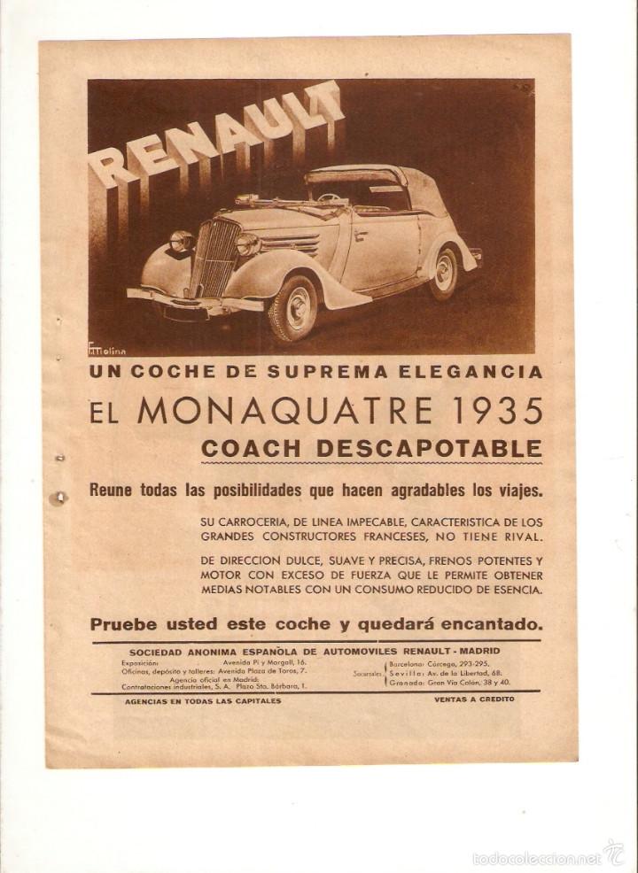 Coleccionismo: A&Ntilde;O 1935 RECORTE PRENSA PUBLICIDAD COCHE RENAULT MONAQUATRE DESCAPOTABLE AUTOMOVIL