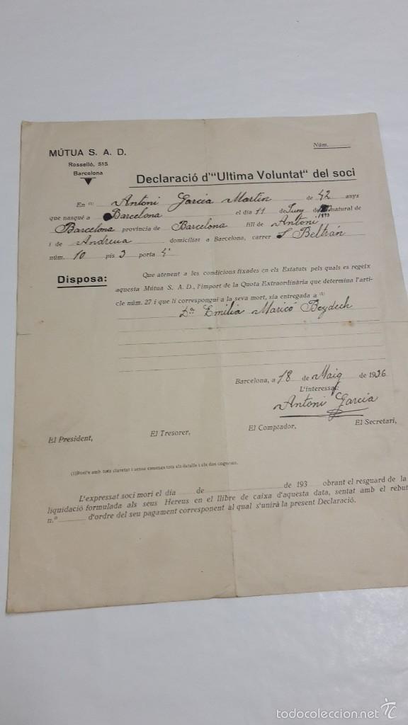 Sammelleidenschaft Papier: DECLARACION DE ULTIMAS VOLUNTADES SOCIO SEGURO MUTUA S.A.D. BARCELONA