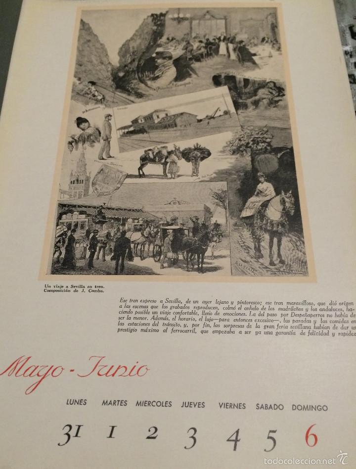 Coleccionismo: L&aacute;mina enmarcable. P&aacute;gina de calendario antiguo. 'Un viaje a Sevilla en tren', por J. Comba.