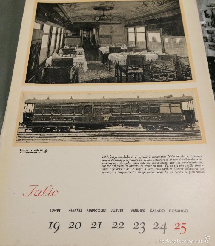 Coleccionismo: L&aacute;mina enmarcable. P&aacute;gina de calendario antiguo. Ferrocarril, interior y exterior de vag&oacute;n en 1887.