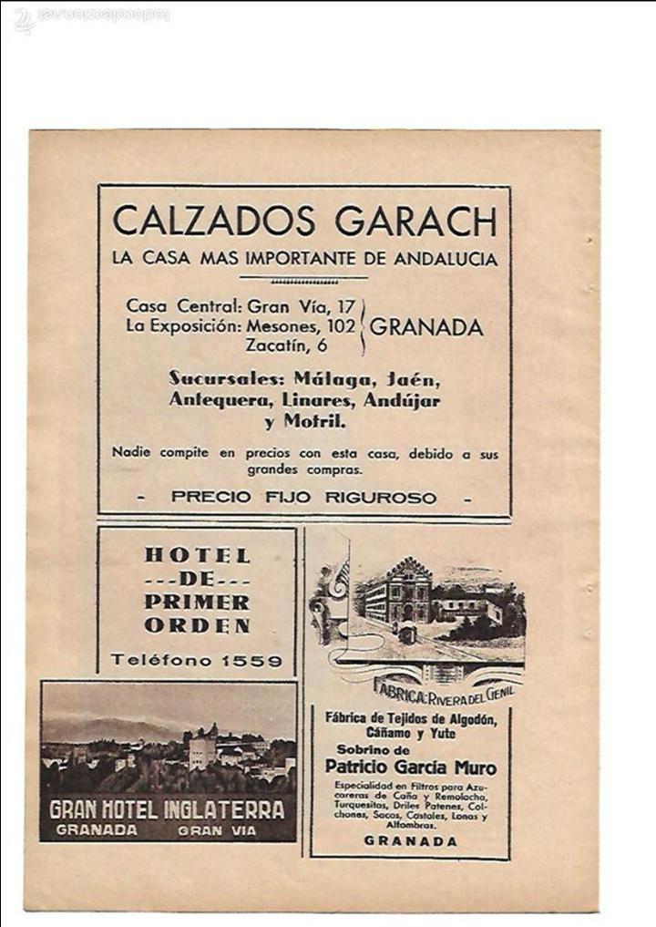 Collecting paper: A&Ntilde;O 1935 RECORTE PUBLICIDAD CALZADOS GARACH GRAN HOTEL INGLATERRA GRANADA FABRICA RIVERA DEL GENIL