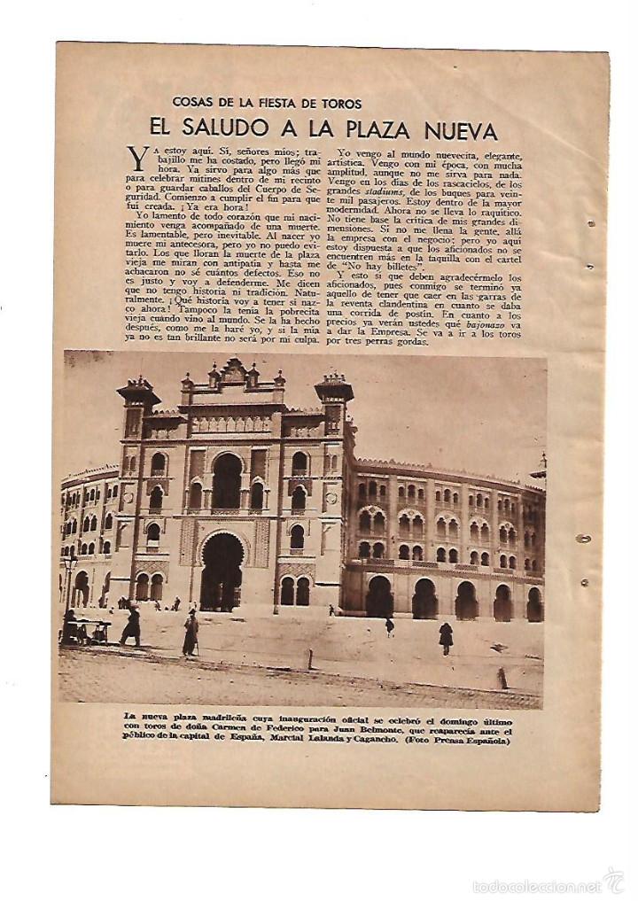 Collectionnisme: A&Ntilde;O 1934 RECORTE PRENSA TOROS NUEVA PLAZA DE TOROS DE MADRID TOREO