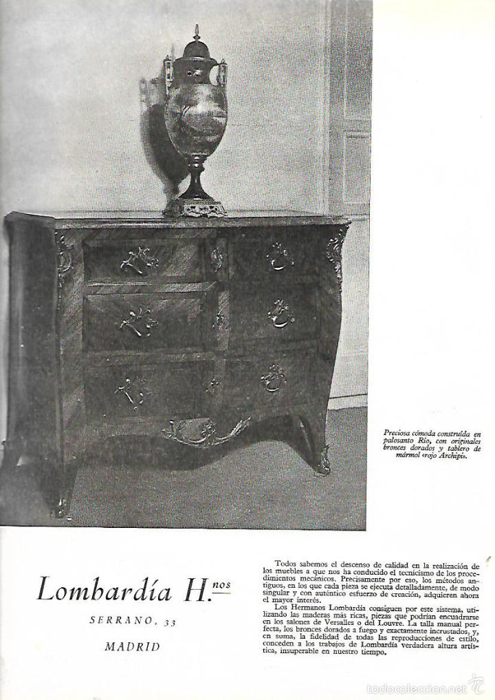 Collectionnisme: A&Ntilde;O 1950 RECORTE PRENSA PUBLICIDAD DECORACION MUEBLES LOMBARDIA HERMANOS MADRID MORADA BUTSEMS