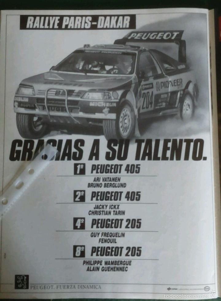 Coleccionismo: Publicidad automovil Peugeot 405 de 1989 Rallye Par&iacute;s Dakar