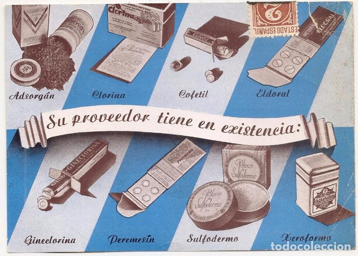 Coleccionismo: Tarjeta de publicidad de medicamentos Farmacia. A&ntilde;os 30-40, Clorina, Cafetil, Adsorg&aacute;n