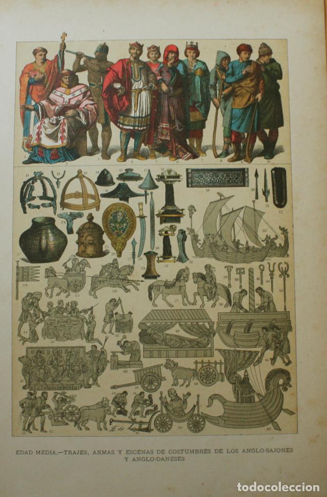 Coleccionismo: LAMINA EDAD MEDIA TRAJES, ARMAS Y ESCENAS DE COSTUMBRES DE LOS ANGLO-SAJONES Y ANGLO-DANESES