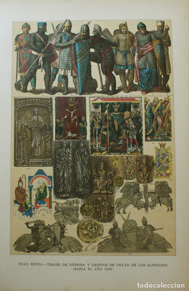 Coleccionismo: LAMINA EDAD MEDIA TRAJES DE GUERRA Y OBJETOS DE CULTO DE LOS ALEMANES HASTA EL A&Ntilde;O 1200