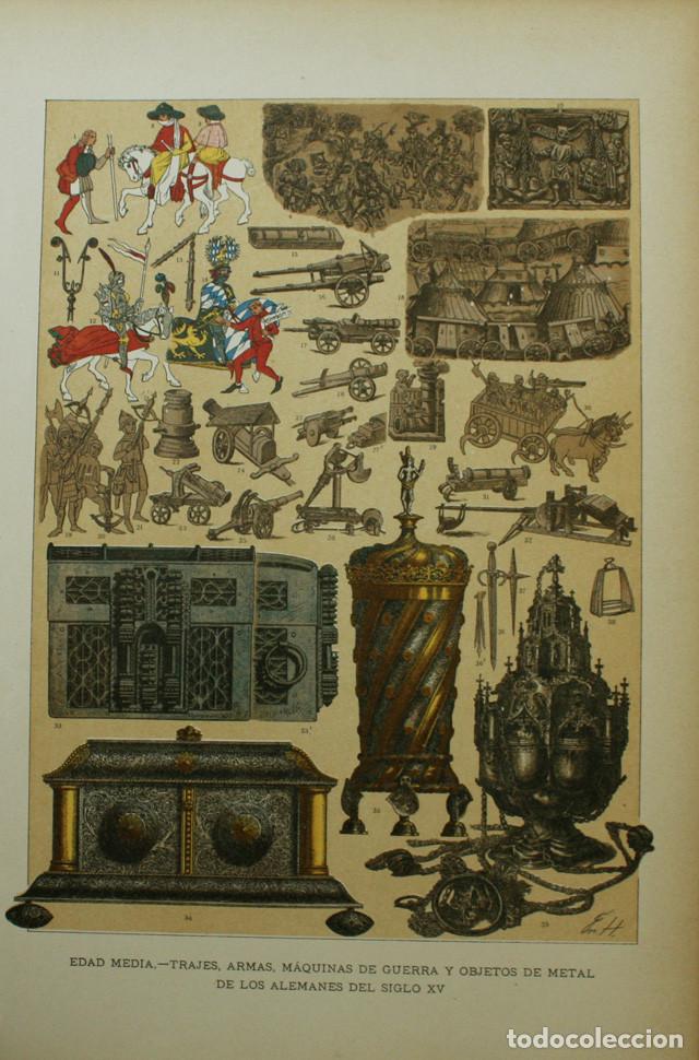 Coleccionismo: LAMINA EDAD MEDIA TRAJES,ARMAS,MAQUINAS DE GUERRA Y OBJETOS DE METAL DE LOS ALEMANES DEL SIGLO XV