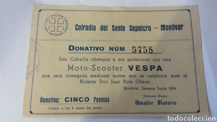 Coleccionismo: Papeleta sorteo moto scooter Vespa. Cofrad&iacute;a del Santo Sepulcro. Mon&oacute;var 1954