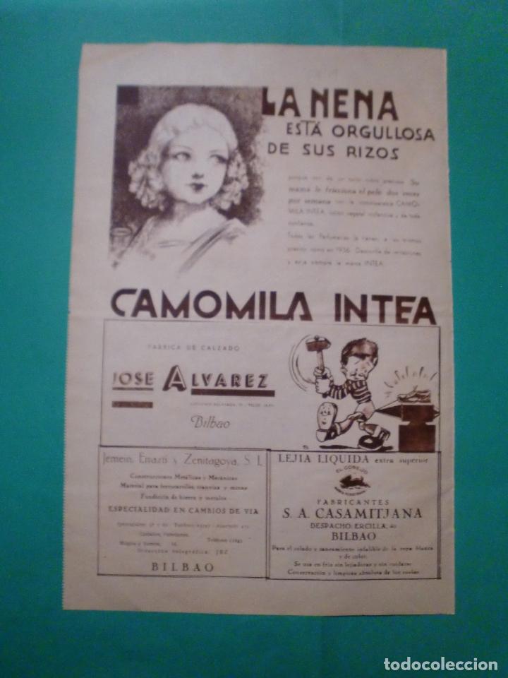 Coleccionismo: LOCI&Oacute;N VEGETAL CAMOMILA INTEA - CALZADO JOSE ALVAREZ BILBAO - LEJIA EL CONEJO BILBAO - 5/8/1939