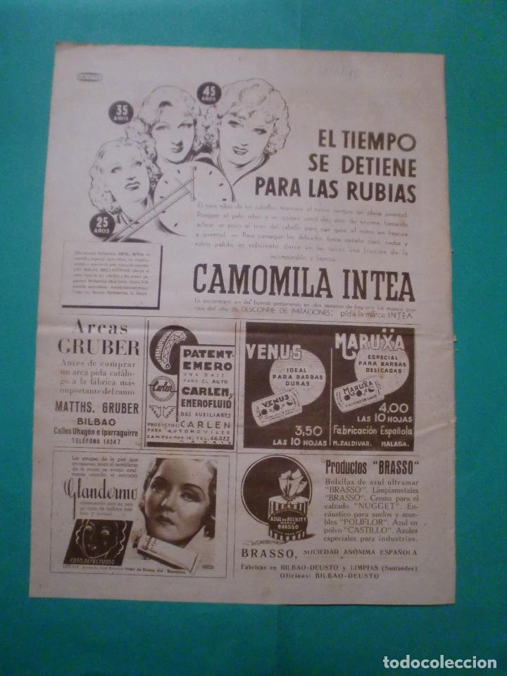 Coleccionismo: CAMOMILA INTEA - PRODUCTOS BRASSO S.A. BILBAO DEUSTO LIMPIAS - MARUXA Y VENUS MALAGA - 20/1/1940