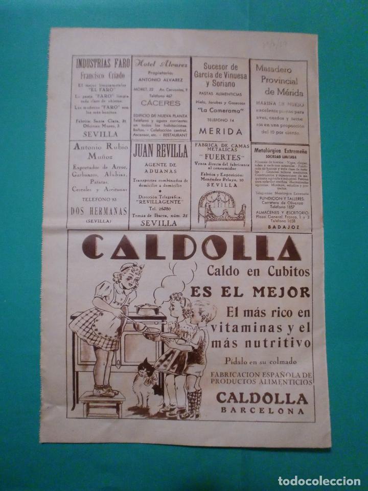 Coleccionismo: CALDO EN CUBITOS CALDOLLA - HOTEL ALVAREZ C&Aacute;CERES - MATADERO PROVINCIAL DE M&Eacute;RIDA - 29/7/1939