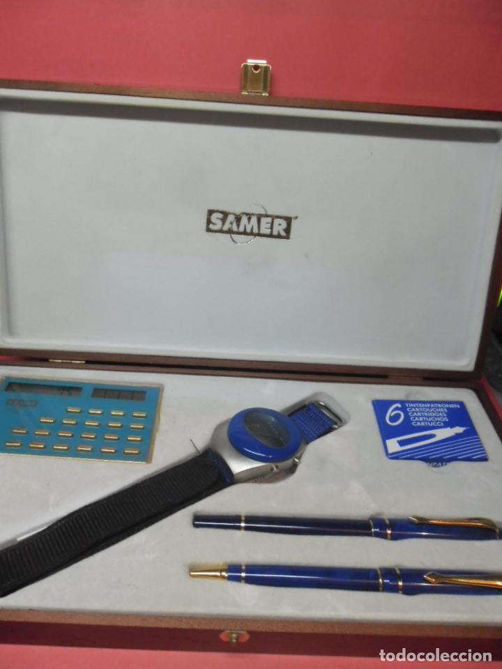 Coleccionismo: estuche de madera samer - reloj + calculadora + boligrafo + pluma