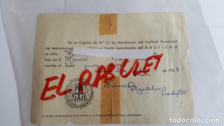 Collectionnisme: ANTIGUO  PAPLE  DEL  BAUTISMO  CAPILLA  NTRA  SRA  DE  MONTSERRAT  -  BARCELONA  -  A&Ntilde;O  1967  -