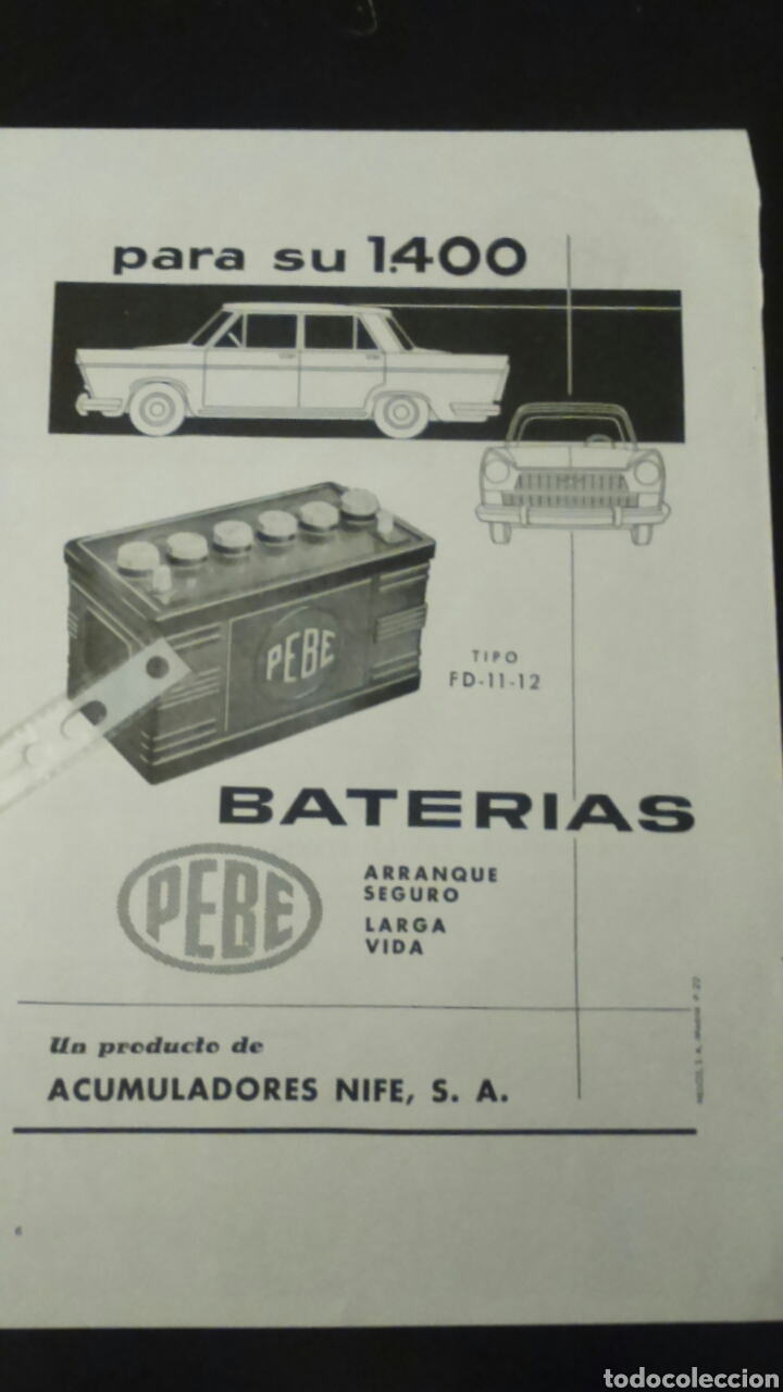 Coleccionismo: Publicidad bater&iacute;as Pebe de acumuladores Nife a&ntilde;os 60