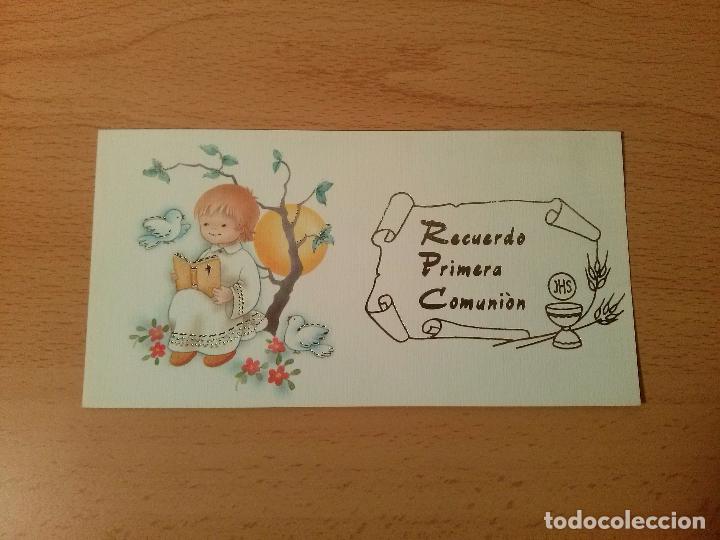 Collecting paper: Tarjeta estampa religiosa recuerdo primera comuni&oacute;n. Ni&ntilde;o leyendo Biblia. A&ntilde;os 80/90.