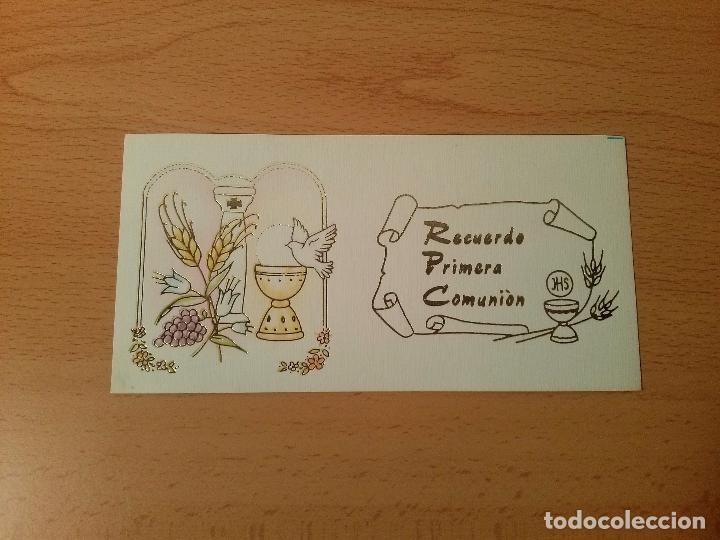 Collecting paper: Tarjeta estampa religiosa recuerdo primera comuni&oacute;n. C&aacute;liz, paloma y espigas. A&ntilde;os 80/90.