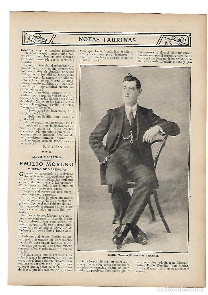 Collectionnisme: A&Ntilde;O 1910 RECORTE PRENSA TOROS TORERO EMILIO MORENO MORENO DE VALENCIA