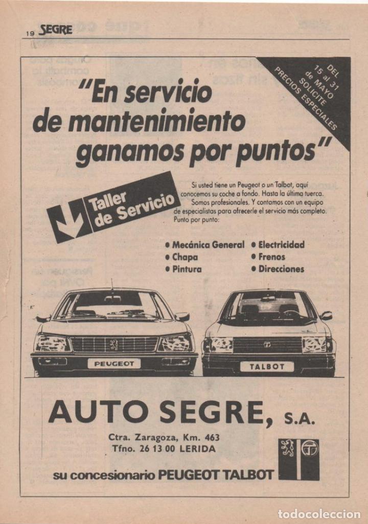 Coleccionismo: (ALB-TC-6) HOJA PUBLICIDAD A&Ntilde;O 1985 SUPLEMENTO PERIODICO SEGRE LLEIDA PEUGEOT TALBOT