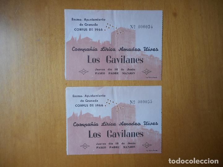 Collectionnisme: Lote dos entradas correlativas Los Gavilanes. Compa&ntilde;&iacute;a L&iacute;rica Amadeo Vives. Corpus 1966 Granada
